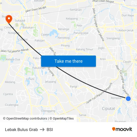 Lebak Bulus Grab to BSI map