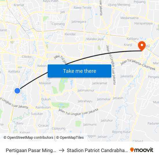 Pertigaan Pasar Minggu to Stadion Patriot Candrabhaga map