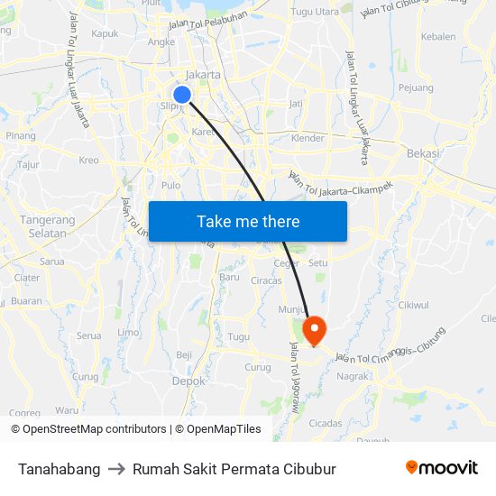 Tanahabang to Rumah Sakit Permata Cibubur map