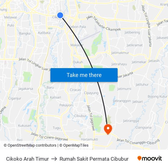 Cikoko Arah Timur to Rumah Sakit Permata Cibubur map