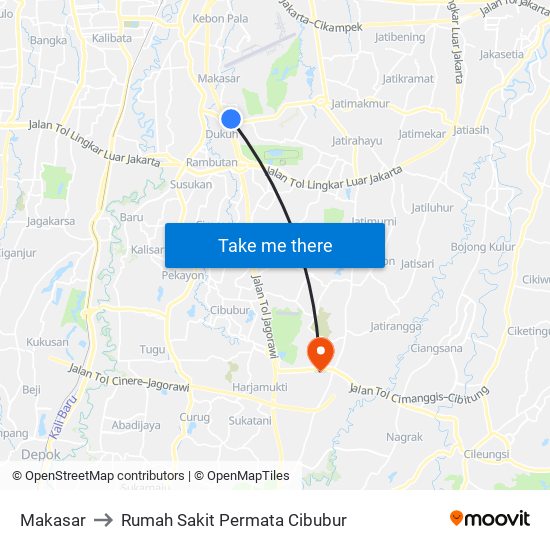 Makasar to Rumah Sakit Permata Cibubur map