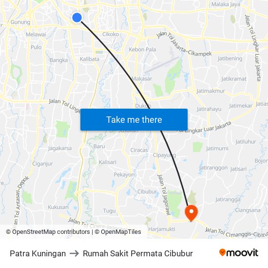 Patra Kuningan to Rumah Sakit Permata Cibubur map