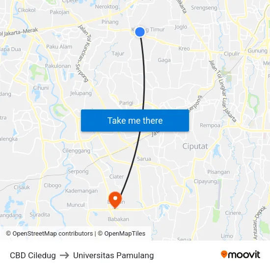 CBD Ciledug to Universitas Pamulang map