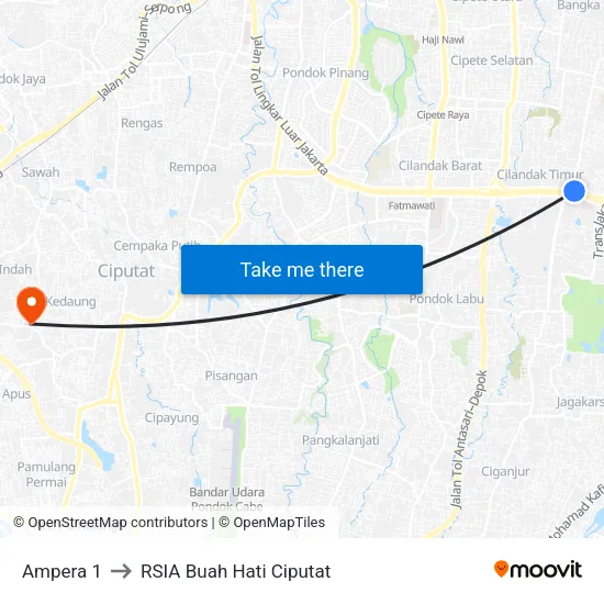 Ampera 1 to RSIA Buah Hati Ciputat map