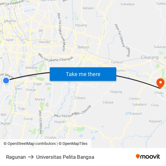 Ragunan to Universitas Pelita Bangsa map