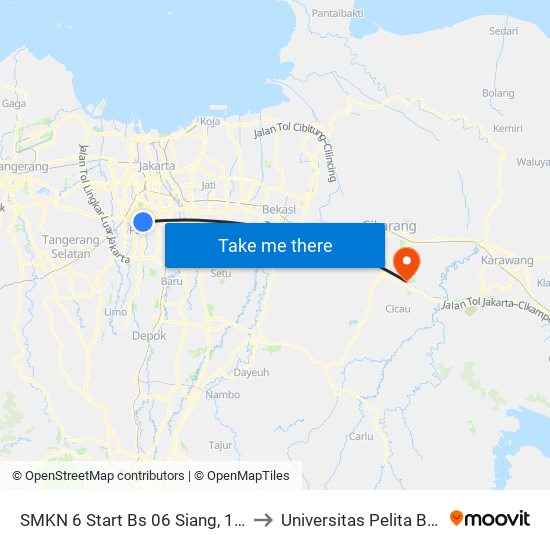 SMKN 6 Start Bs 06 Siang, 11 Siang to Universitas Pelita Bangsa map