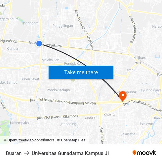 Buaran to Universitas Gunadarma Kampus J1 map