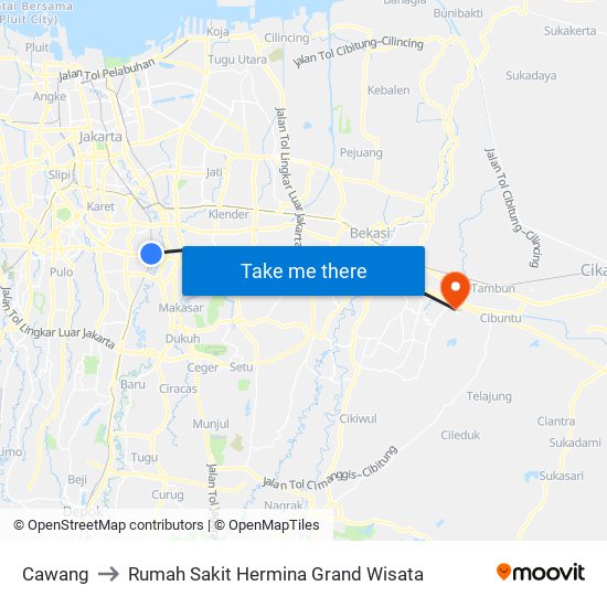 Cawang to Rumah Sakit Hermina Grand Wisata map