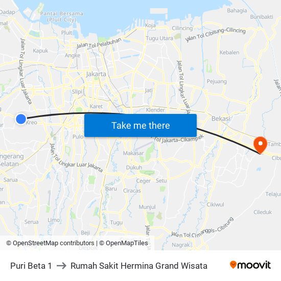 Puri Beta 1 to Rumah Sakit Hermina Grand Wisata map