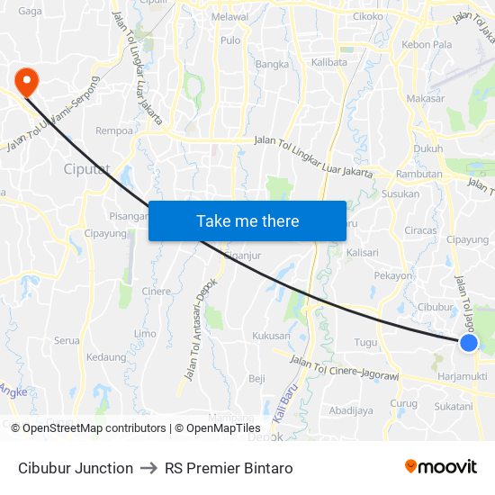 Cibubur Junction to RS Premier Bintaro map