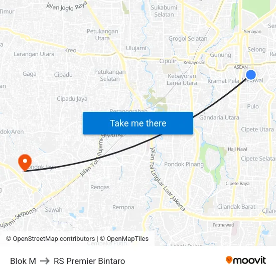 Blok M to RS Premier Bintaro map