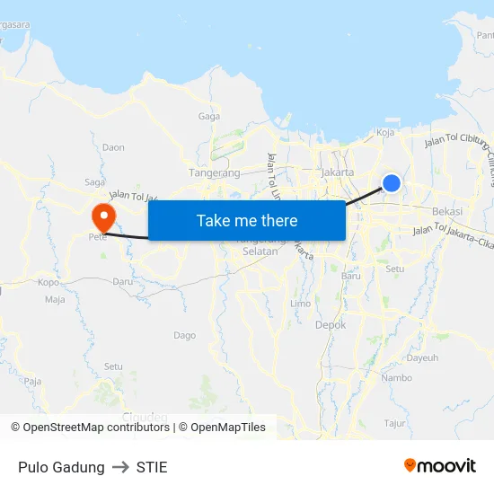 Pulo Gadung to STIE map