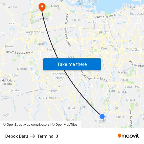 Depok Baru to Terminal 3 map