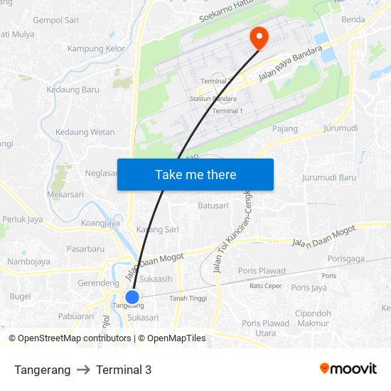 Tangerang to Terminal 3 map