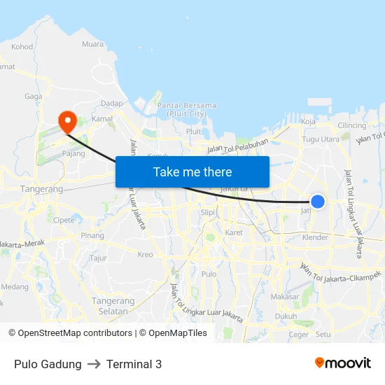 Pulo Gadung to Terminal 3 map
