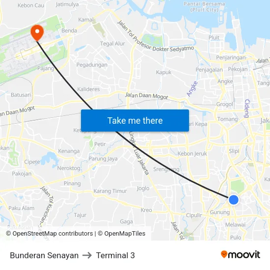 Bunderan Senayan to Terminal 3 map