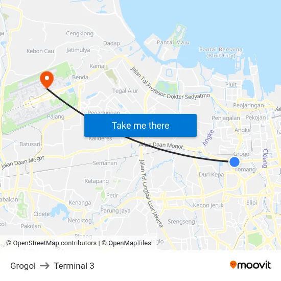 Grogol to Terminal 3 map