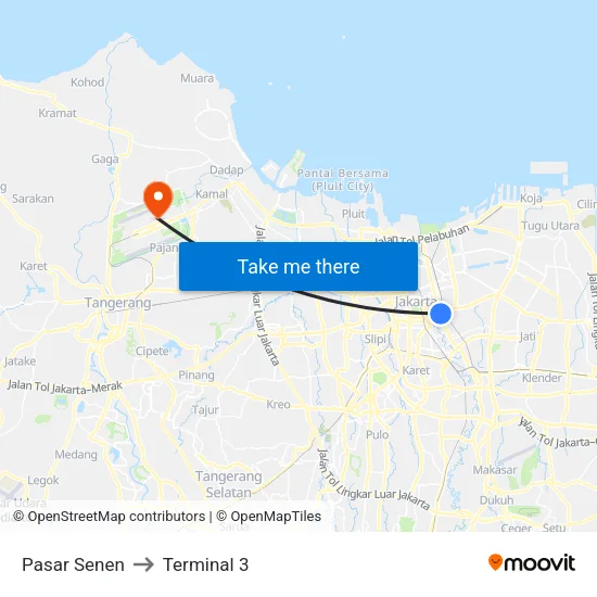 Pasar Senen to Terminal 3 map