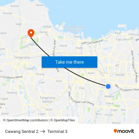 Cawang Sentral 2 to Terminal 3 map