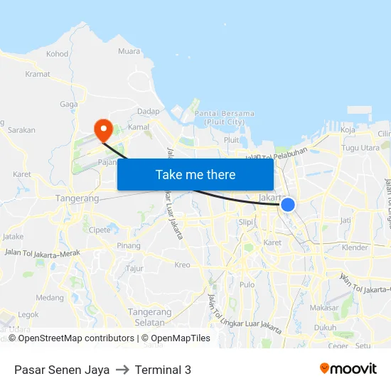 Pasar Senen Jaya to Terminal 3 map