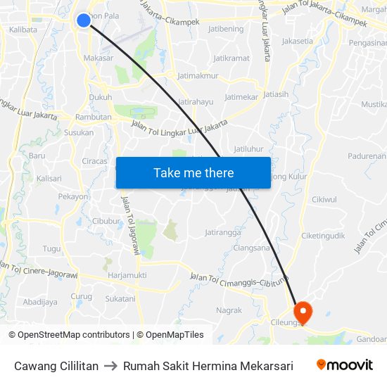 Cawang Cililitan to Rumah Sakit Hermina Mekarsari map