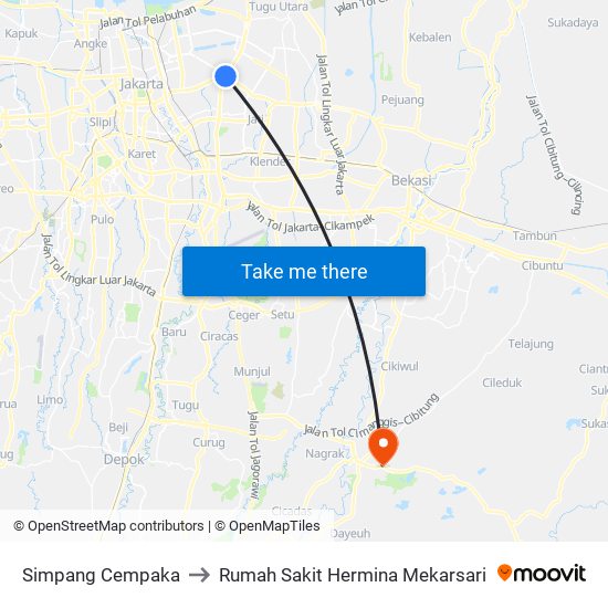 Simpang Cempaka to Rumah Sakit Hermina Mekarsari map