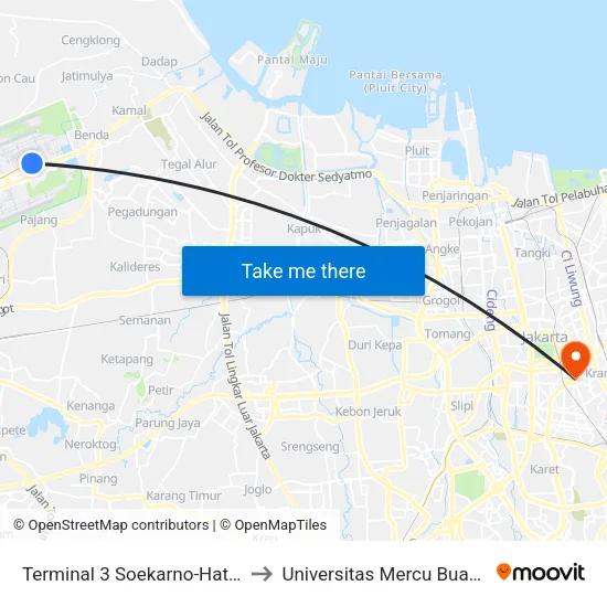 Terminal 3 Soekarno-Hatta to Universitas Mercu Buana map