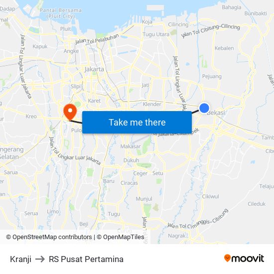 Kranji to RS Pusat Pertamina map