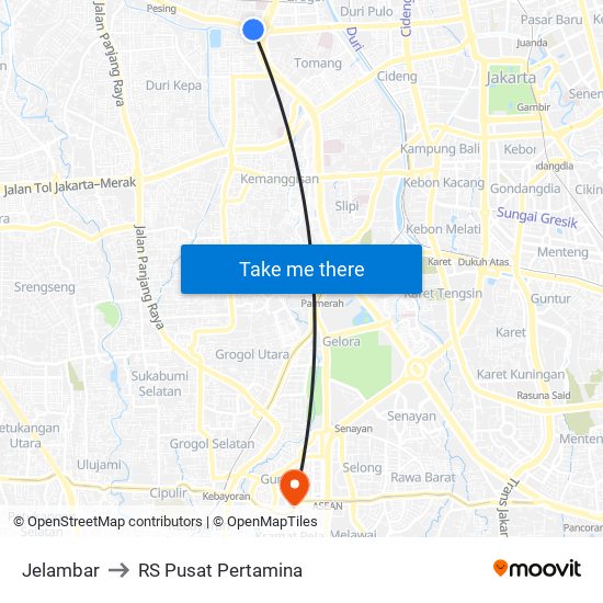 Jelambar to RS Pusat Pertamina map