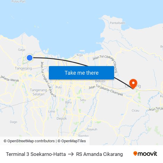 Terminal 3 Soekarno-Hatta to RS Amanda Cikarang map