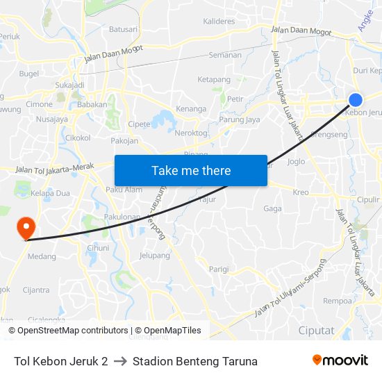 Tol Kebon Jeruk 2 to Stadion Benteng Taruna map