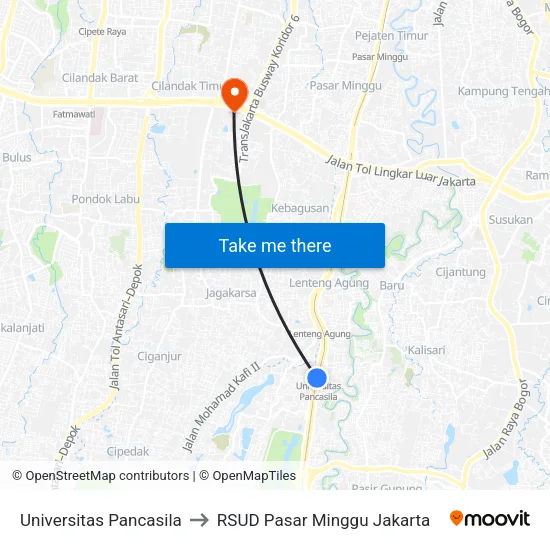 Universitas Pancasila to RSUD Pasar Minggu Jakarta map
