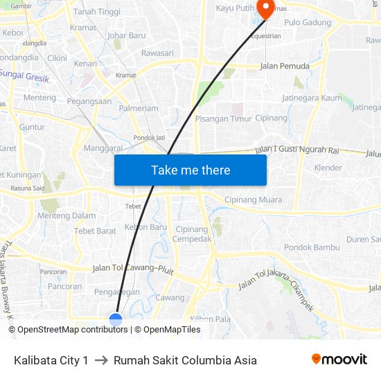 Kalibata City 1 to Rumah Sakit Columbia Asia map