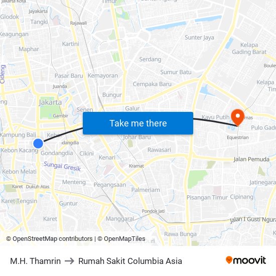 M.H. Thamrin to Rumah Sakit Columbia Asia map