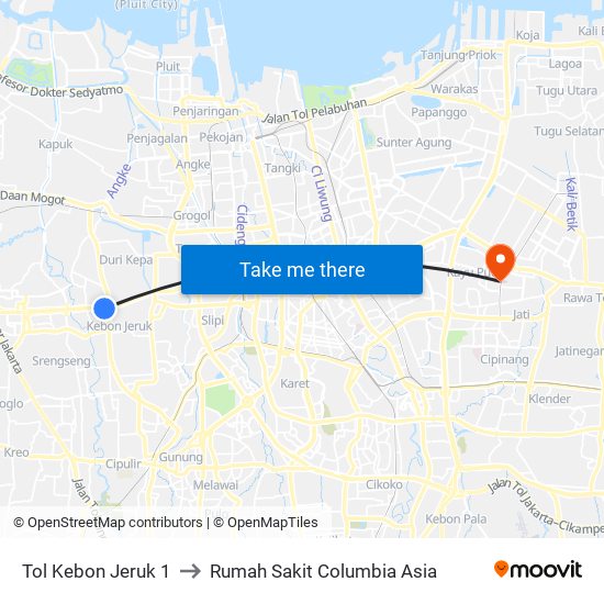 Tol Kebon Jeruk 1 to Rumah Sakit Columbia Asia map