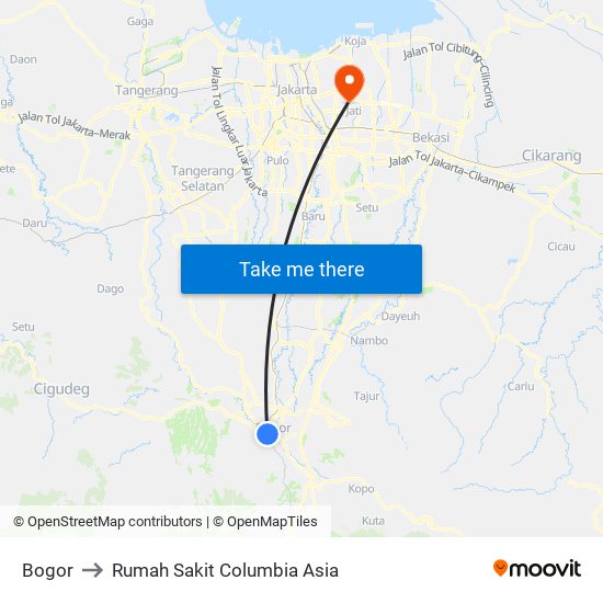 Bogor to Rumah Sakit Columbia Asia map