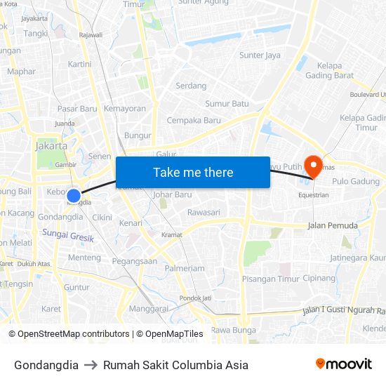 Gondangdia to Rumah Sakit Columbia Asia map