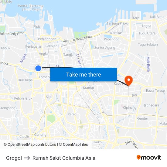 Grogol to Rumah Sakit Columbia Asia map