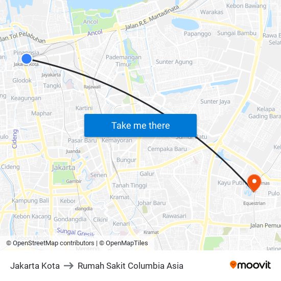 Jakarta Kota to Rumah Sakit Columbia Asia map