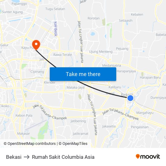 Bekasi to Rumah Sakit Columbia Asia map