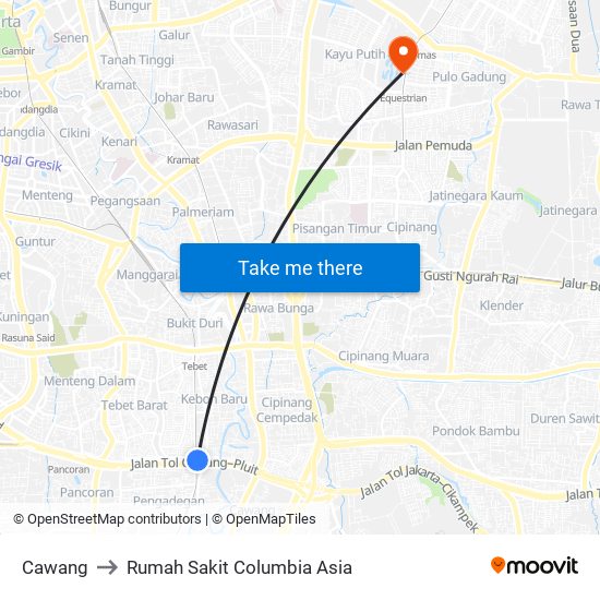 Cawang to Rumah Sakit Columbia Asia map