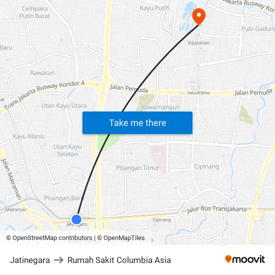 Jatinegara to Rumah Sakit Columbia Asia map