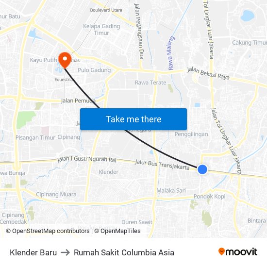 Klender Baru to Rumah Sakit Columbia Asia map