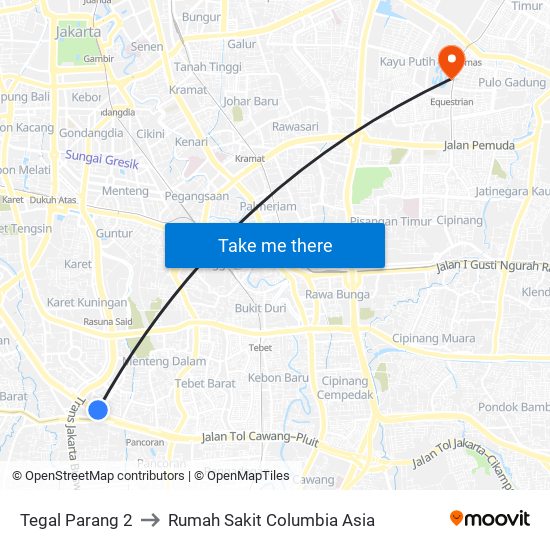 Tegal Parang 2 to Rumah Sakit Columbia Asia map