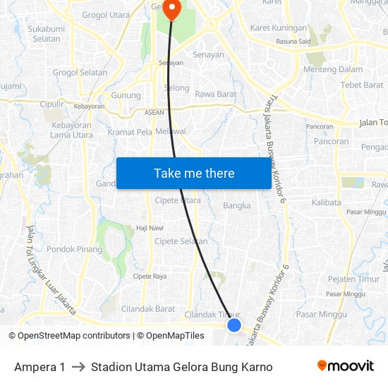 Ampera 1 to Stadion Utama Gelora Bung Karno map