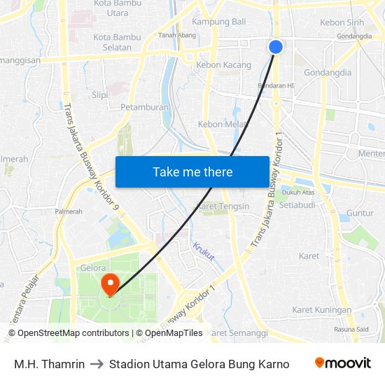 M.H. Thamrin to Stadion Utama Gelora Bung Karno map