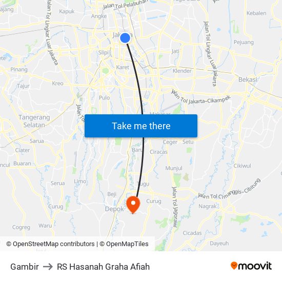 Gambir to RS Hasanah Graha Afiah map