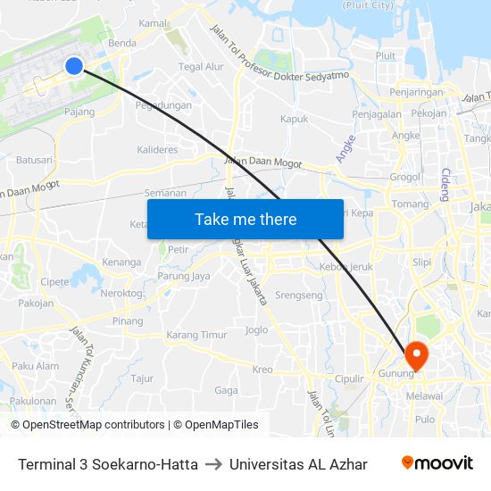 Terminal 3 Soekarno-Hatta to Universitas AL Azhar map