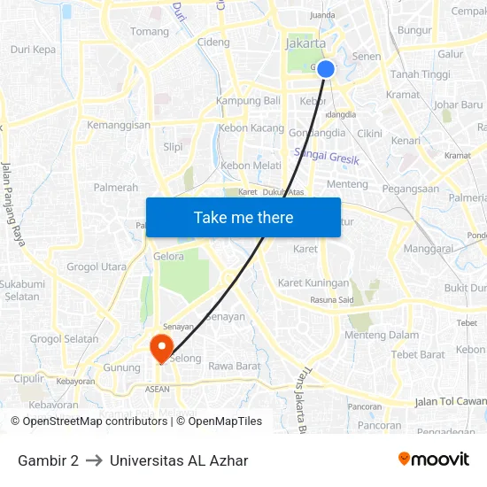 Gambir 2 to Universitas AL Azhar map