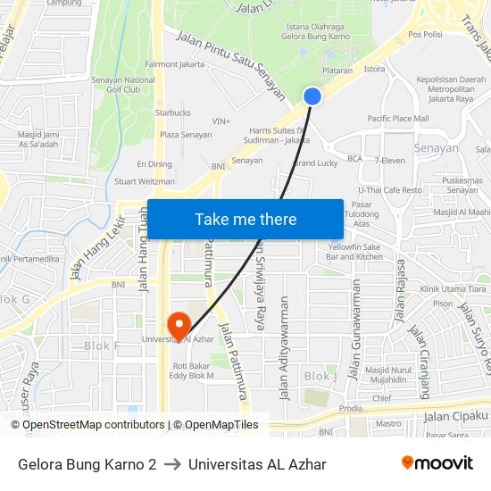 Gelora Bung Karno 2 to Universitas AL Azhar map